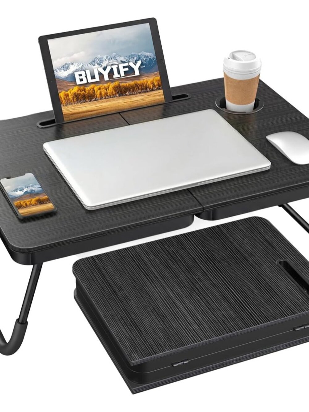 23.4" Foldable Lap Desk Bed Table with Cup Holder Tray Black